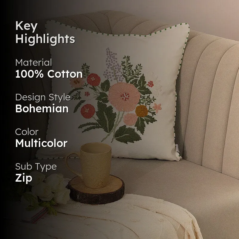 Golden Blossom Embroidered Cotton Cushion Cover media 2