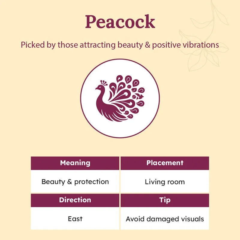 Peacock motif graphic with decorative text on a beige background