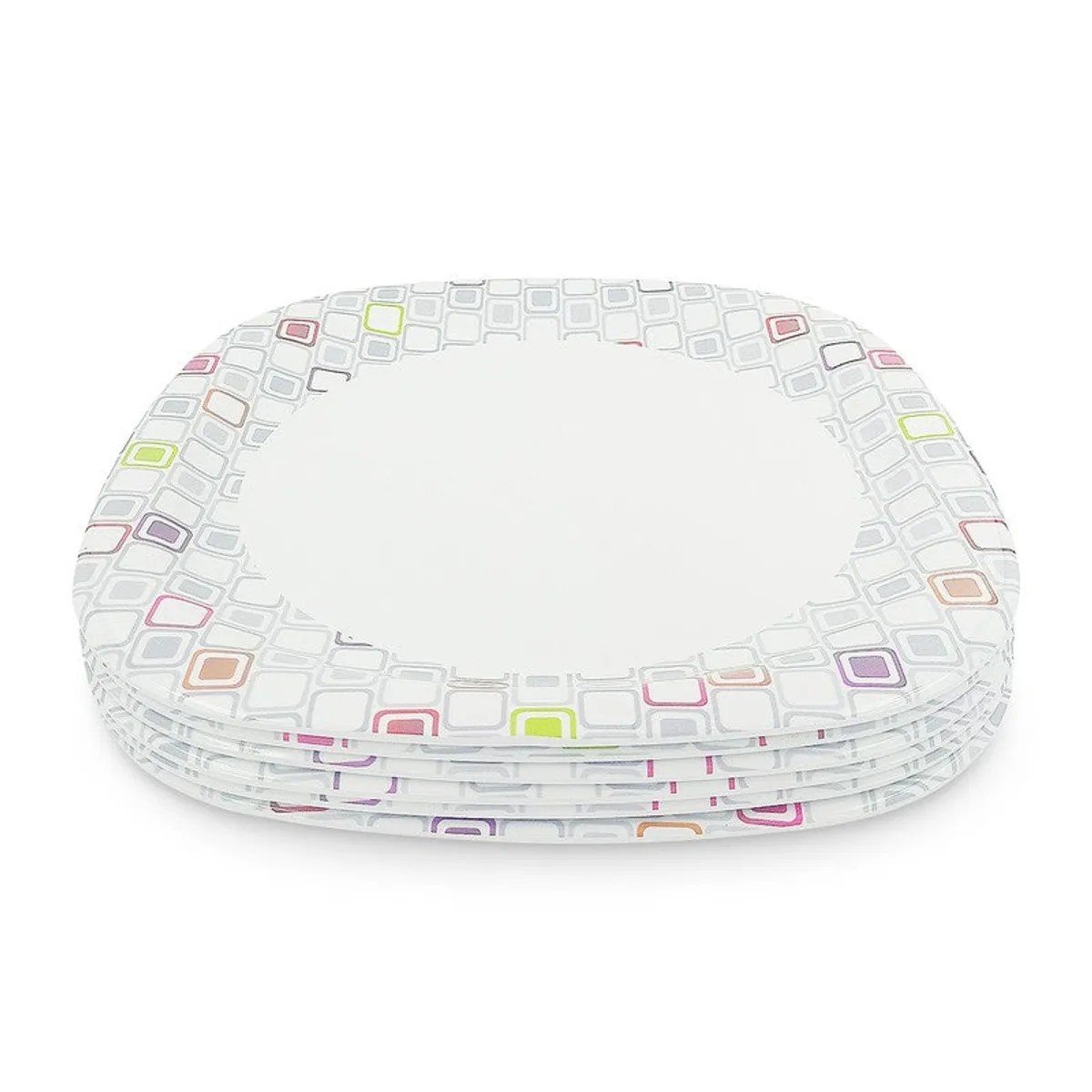 Side view of stacked square quarter plates with colourful geometric borders
