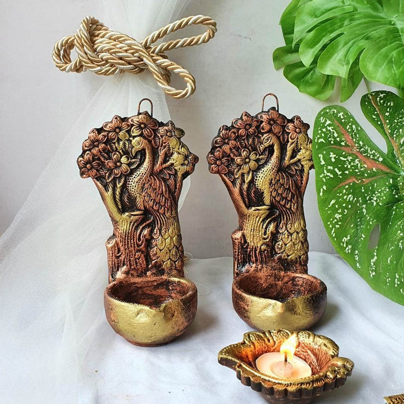 Peacock Hanging Diya - Set Of Two media 5