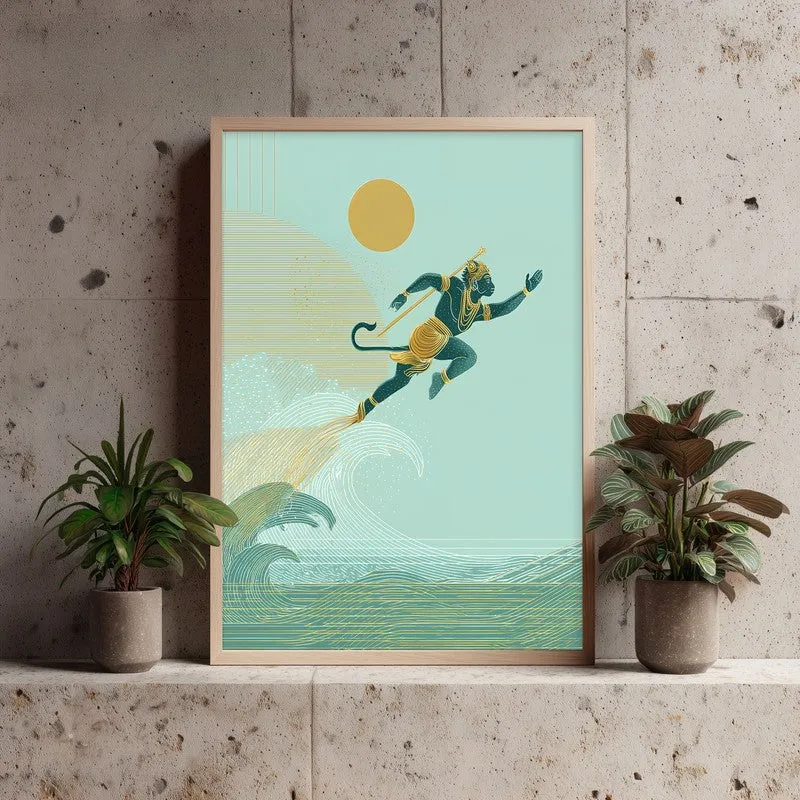 Shri Hanuman Ji Flying Archival Paper Wall Art - Natural Brown Frame media 3