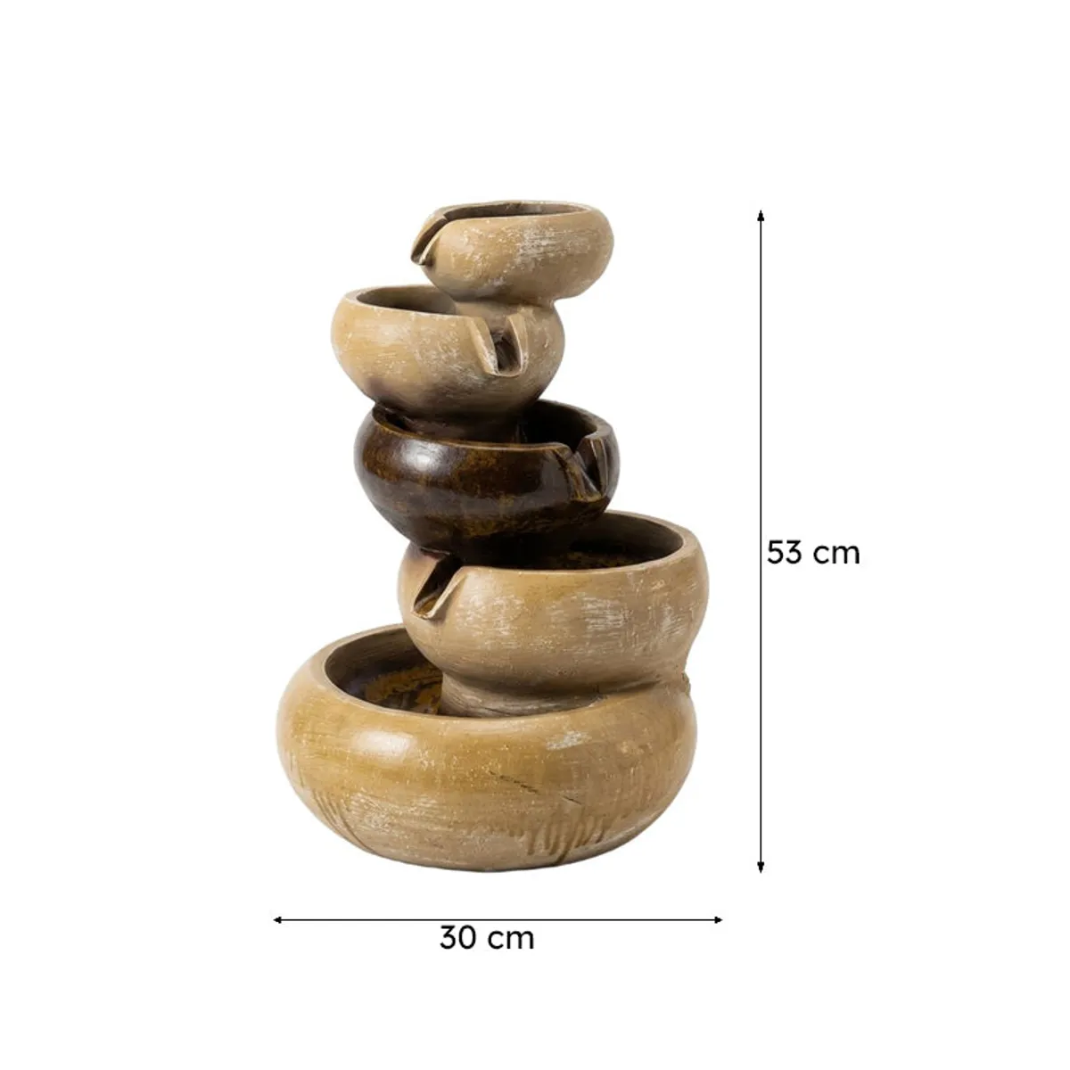 Studio product image of the tiered fountain with measurement arrows