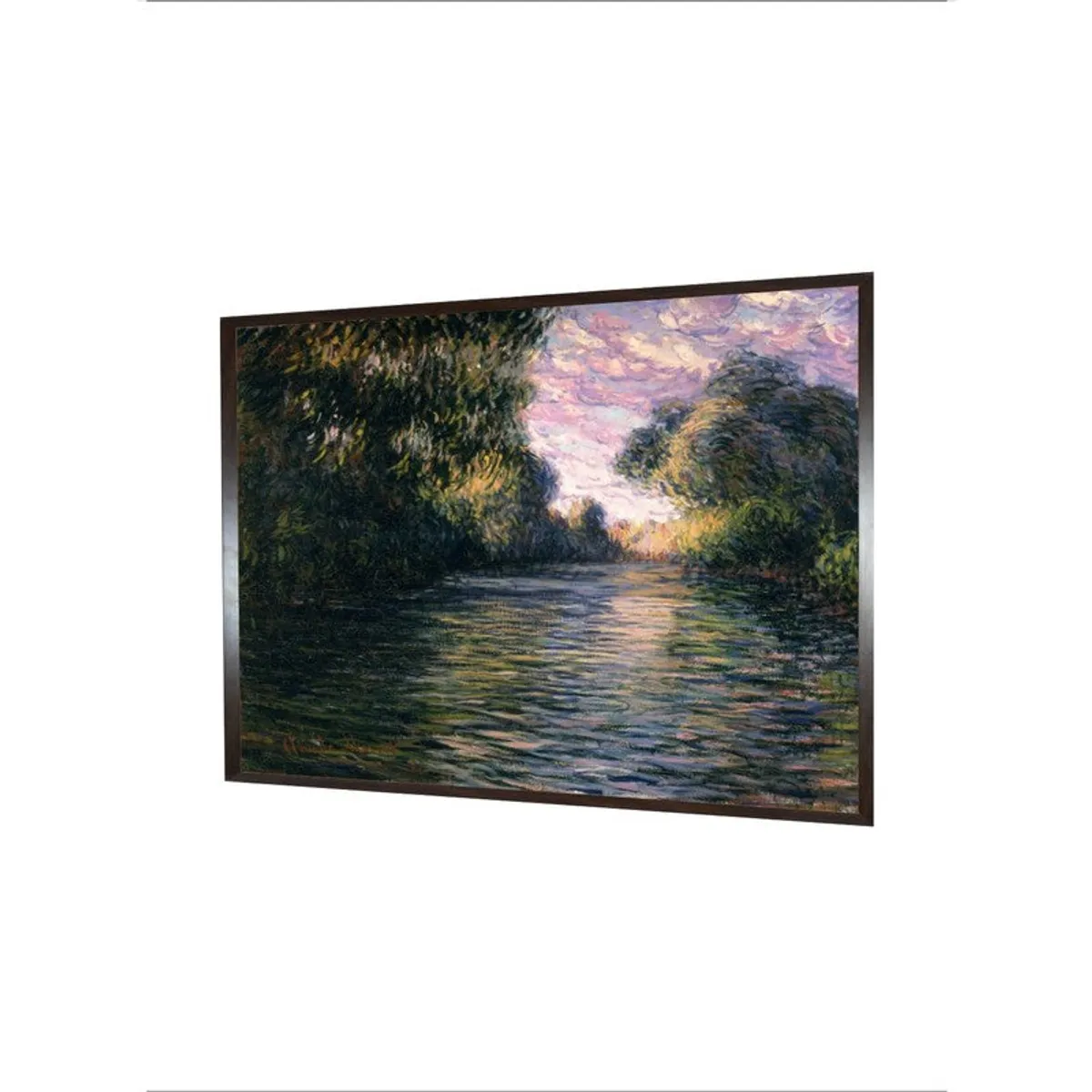 Angled view of a framed river landscape canvas with a dark border