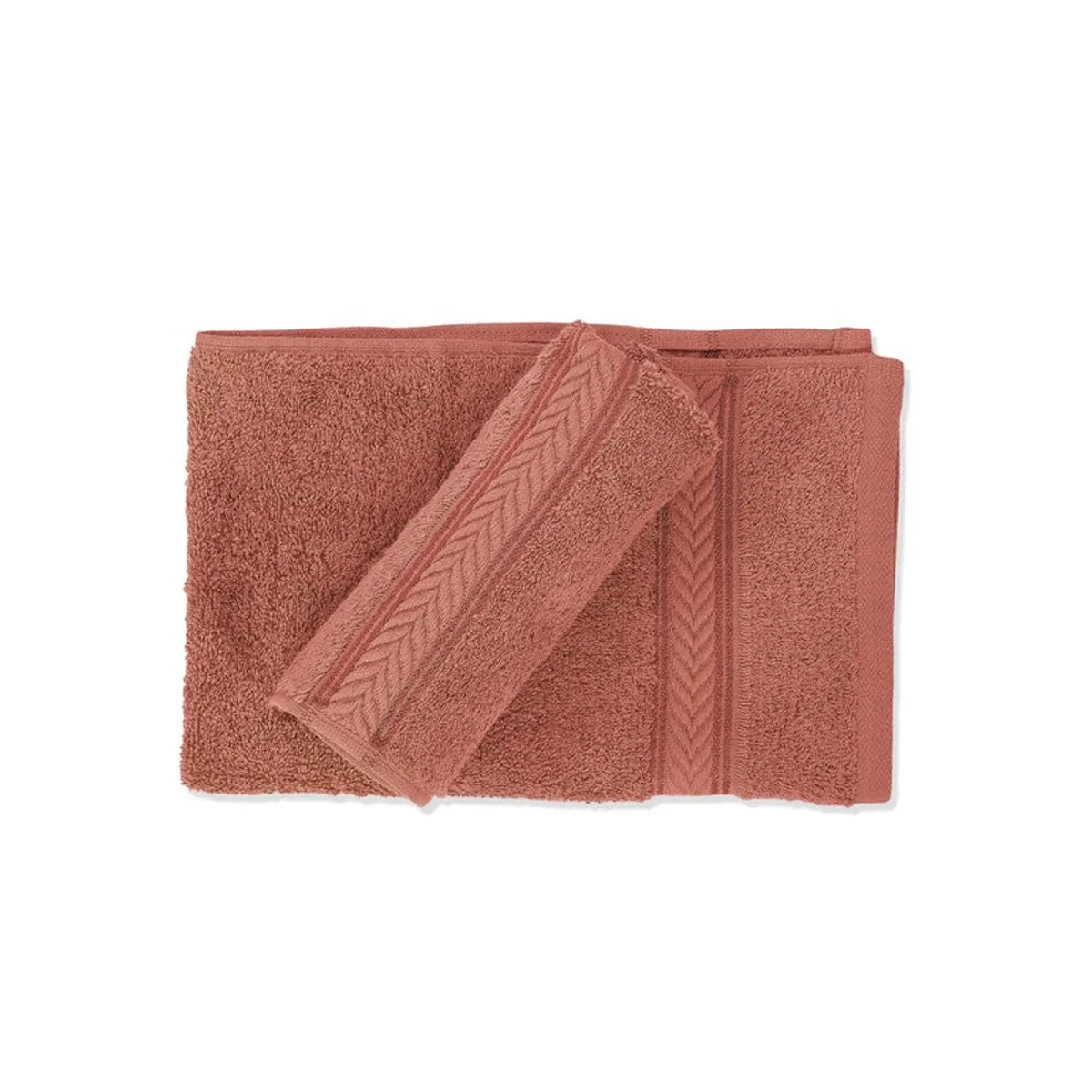 Two peach-brown textured hand towels displayed flat on a white background