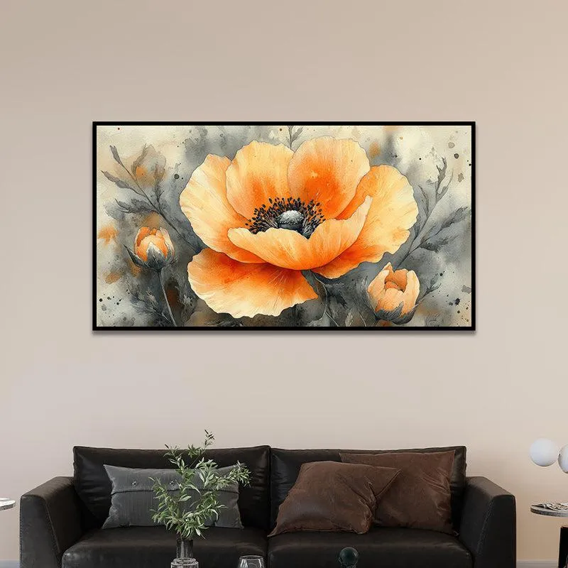 Autumnal Poppies Floral Canvas Wall Painting With Frame - Black media 5