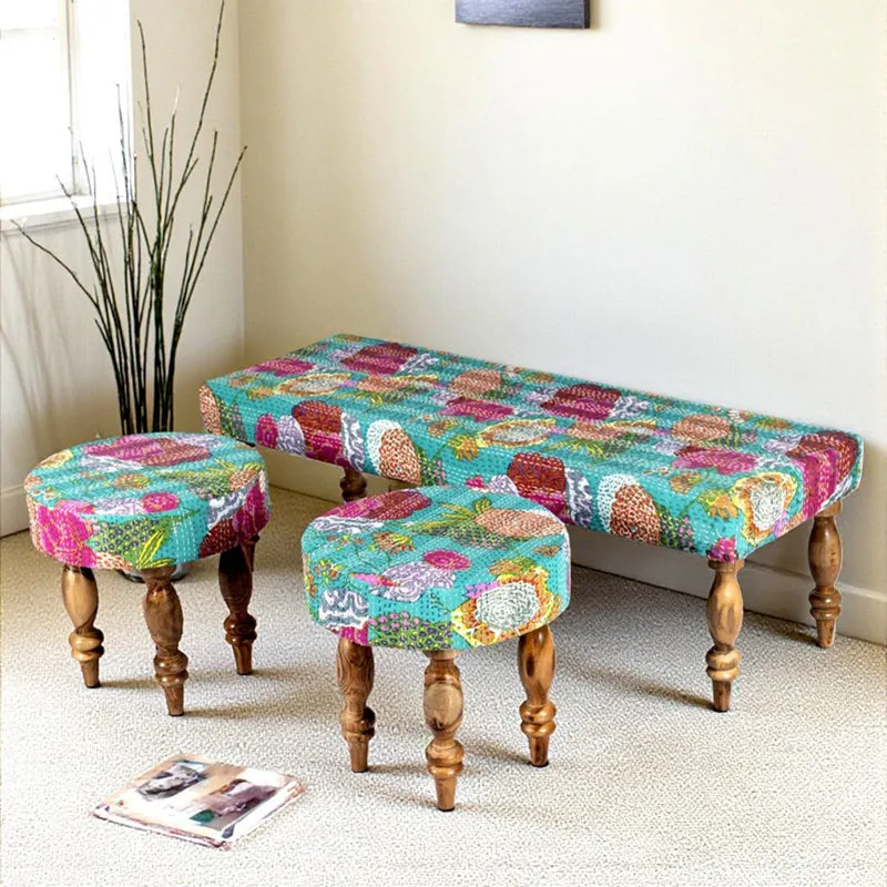 Axino Sheesham Wooden Bench with Stools (Green) - Three Piece Set media 1
