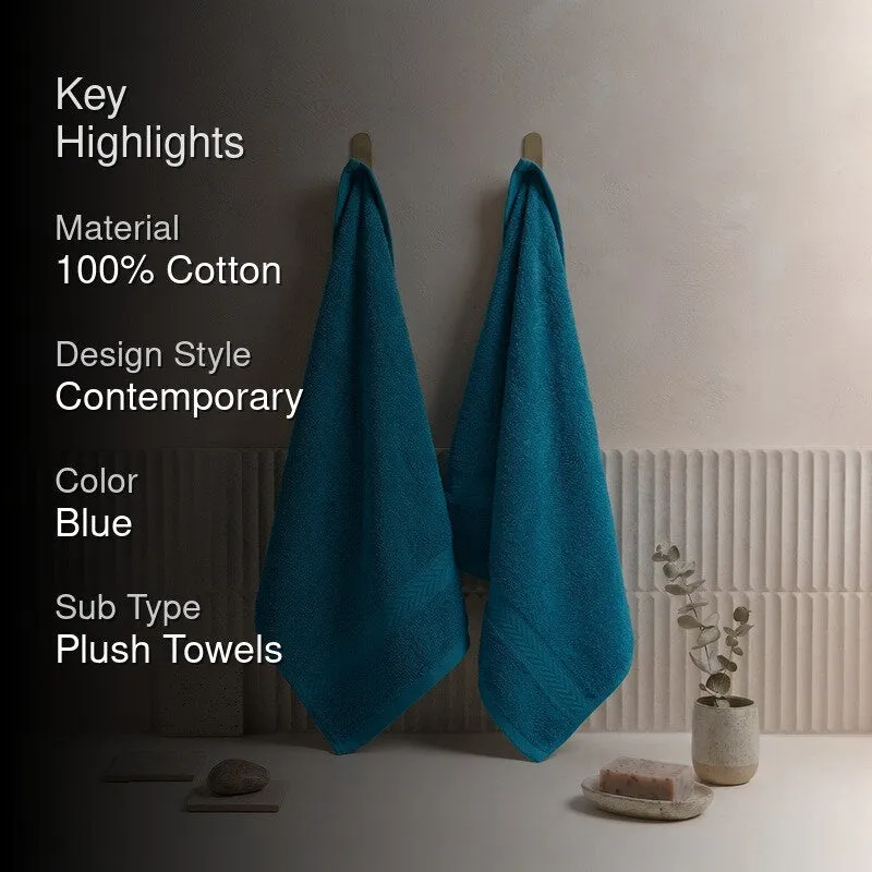 Two blue towels hanging with key highlights text overlay