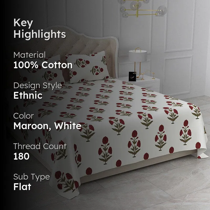 Marrakech Marigold Ethnic Cotton Bedsheet (Maroon & White) - 180 TC media 2