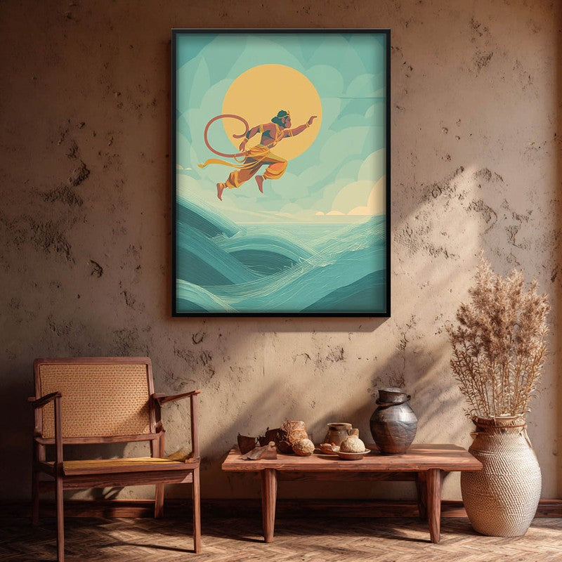 Bajrangbali Flying Over Sea Archival Paper Wall Art