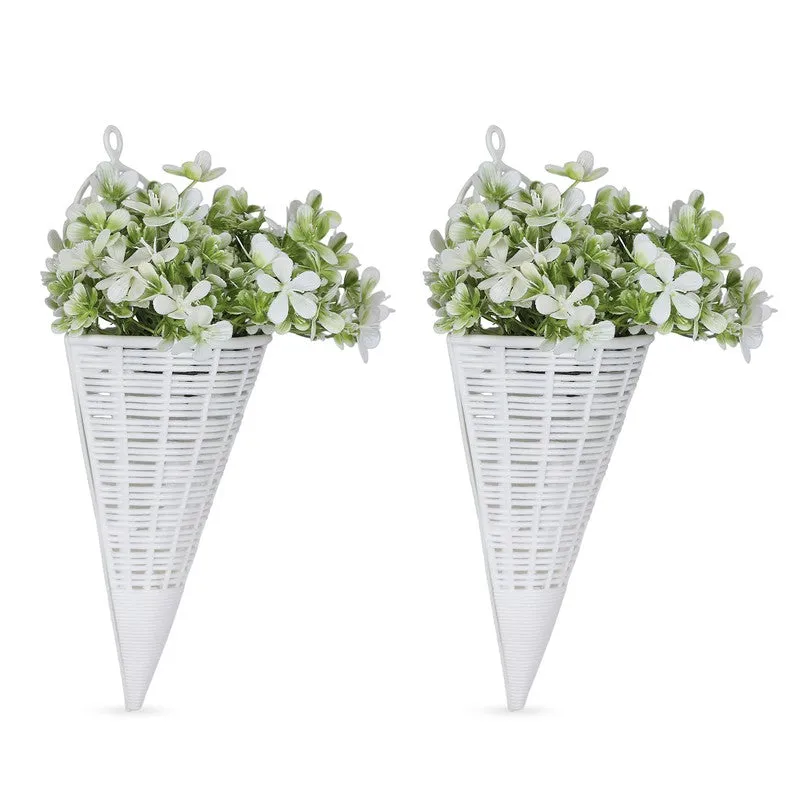 Artificial Flowers (Green,White) with Pot - Set Of Two media 5