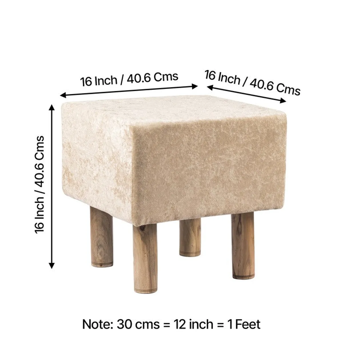 Beige square ottoman with dimension arrows