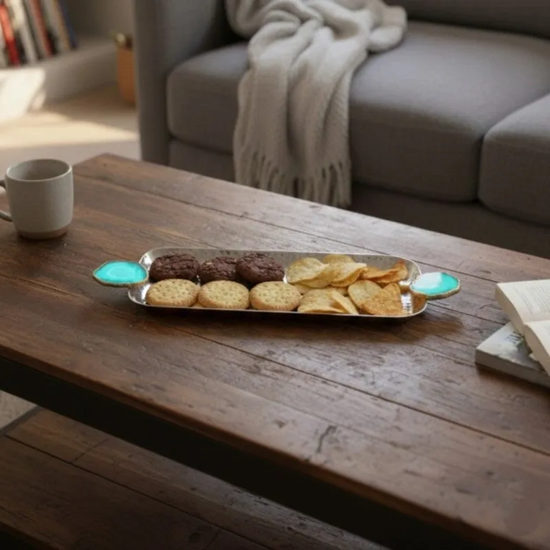 Aurora Edge Hammered (Metal,Agate) Rectangle Platter - Blue & Grey media 1
