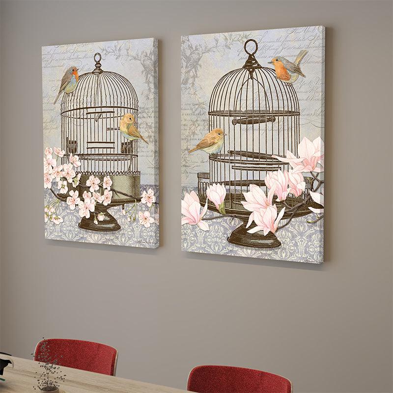 Cage Chirp Canvas Wall Painting - Set Of Two