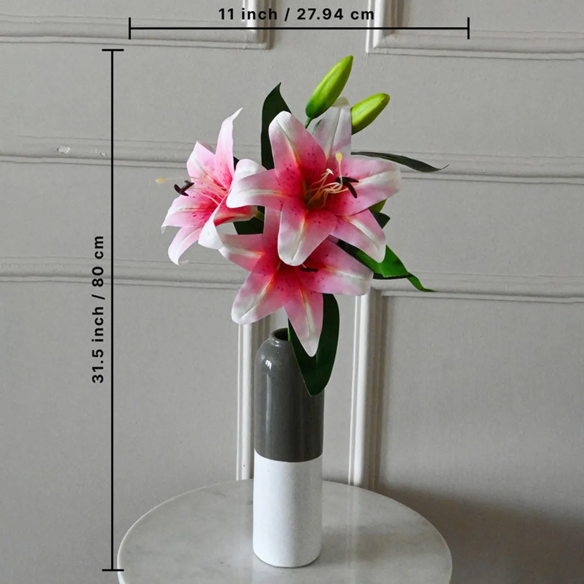 Artificial lily flower stick shown in a vase with size markings