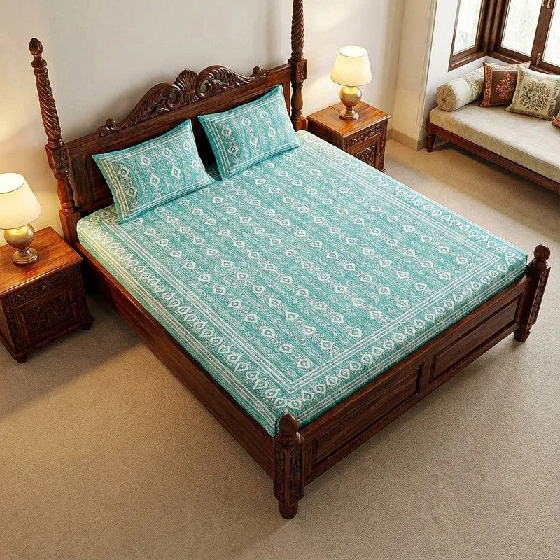 Keira Ethnic Cotton Bedsheet (Green) - 180 TC media 1
