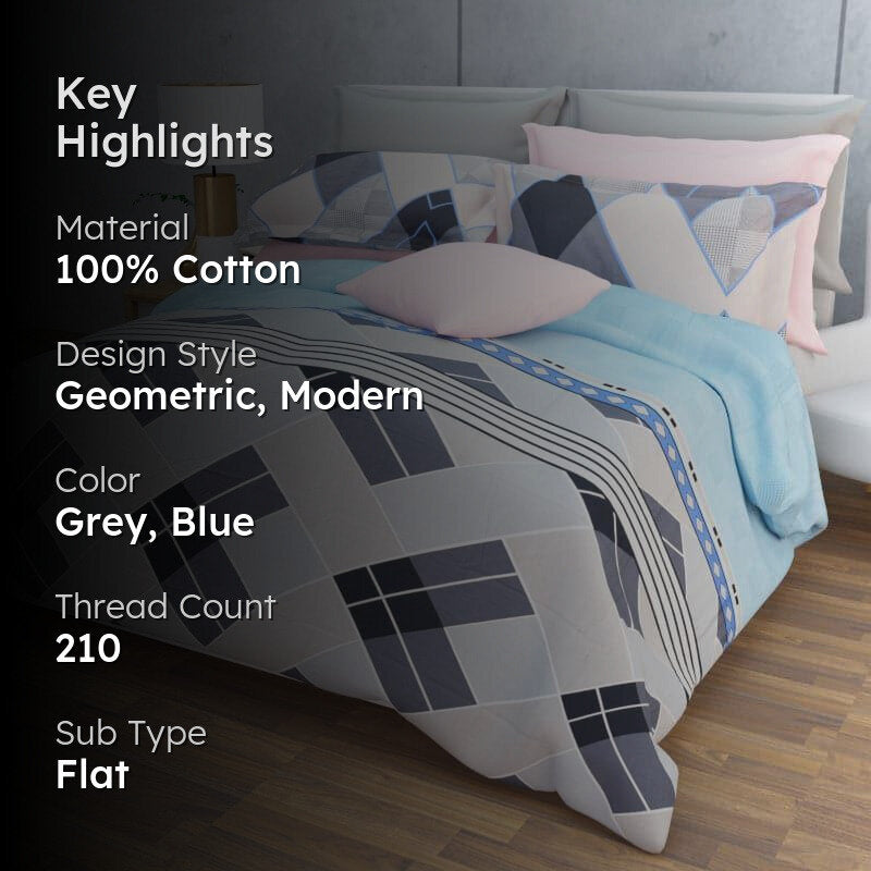 Iola Geometric Cotton Bedsheet (Grey,Blue) - 210 TC media 2