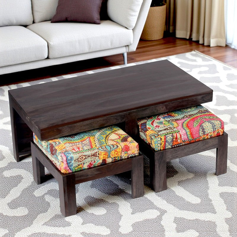 Drexon Sheesham Wooden Center Table with Stools (Deep Brown,Multicolor) - Five Piece Set
