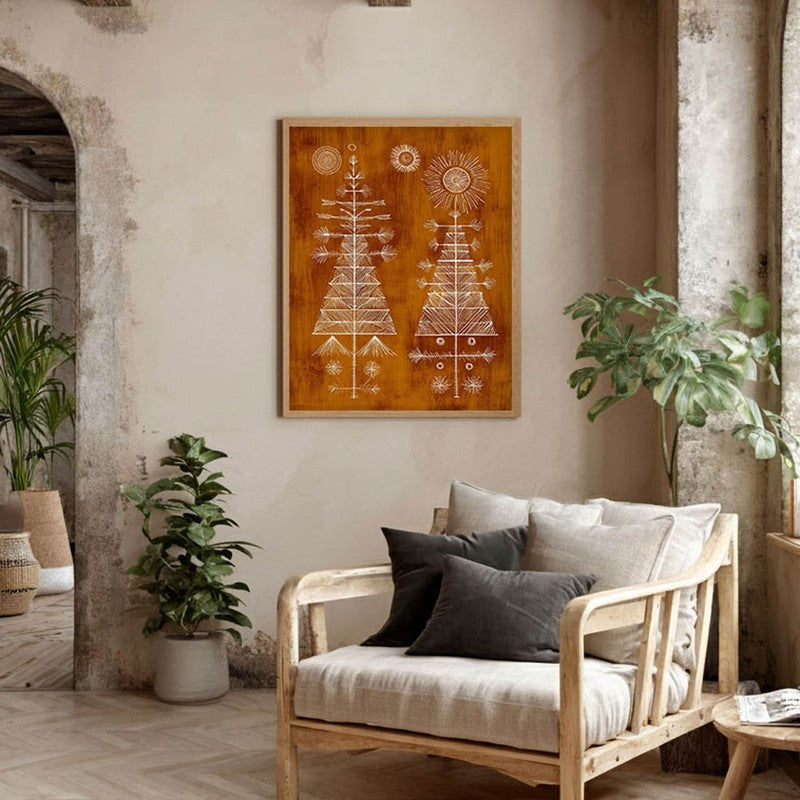 FolkHaven Warli Inspired Canvas Wall Painting With Brown Frame