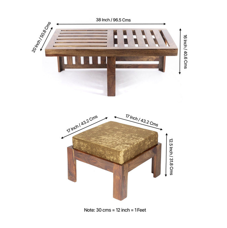 Dravon Sheesham Wooden Center Table with Stools (Brown,Gold) - Five Piece Set media 11