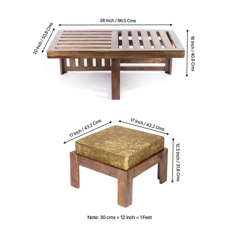Dravon Sheesham Wooden Center Table with Stools (Brown,Gold) - Five Piece Set media 11