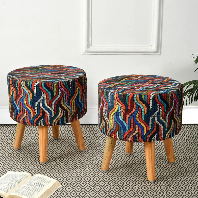 Ripple Chindi Print Multicolor Engineered Wood Ottomans - Set Of Two media 1