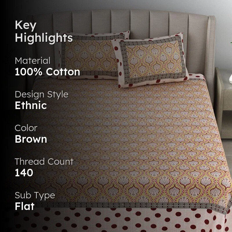 Triveni Treasure Ethnic Cotton  Bedsheet (Brown) - 140 TC media 2