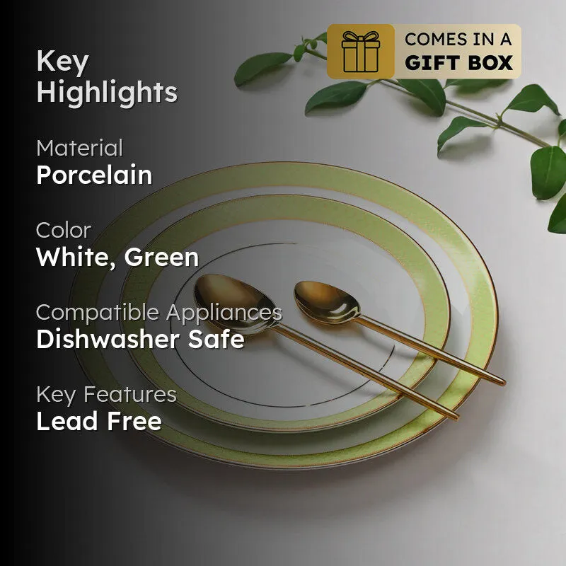 White and green dinnerware with gold accents shown with product highlights
