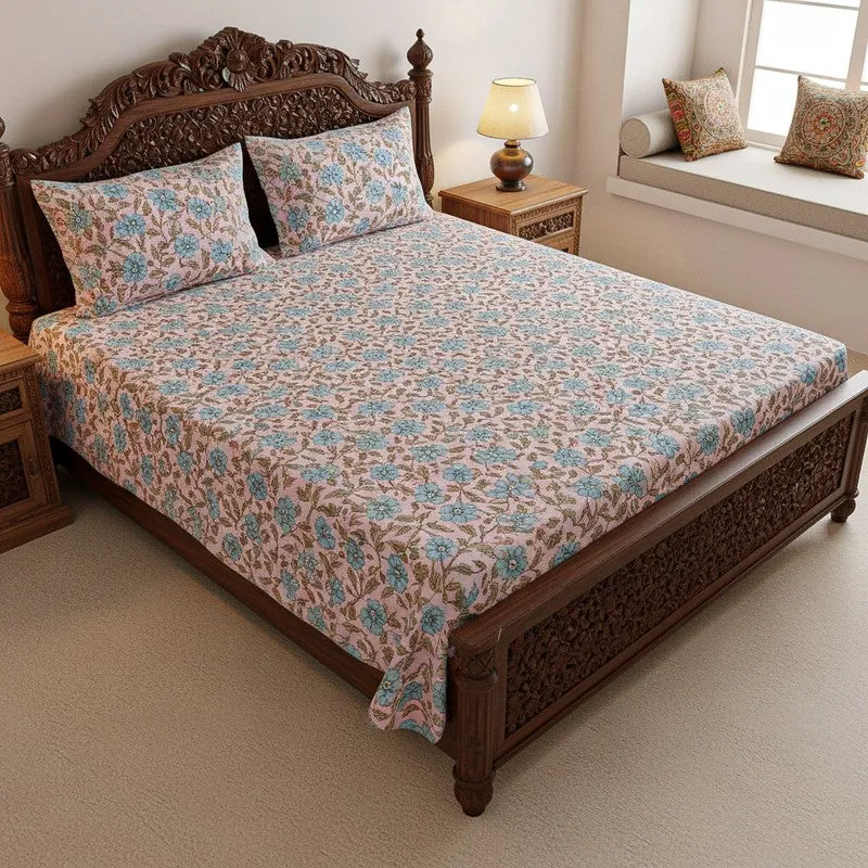 Niagra Floral Cotton Bedsheet (Peach,Blue) - 144 TC media 1