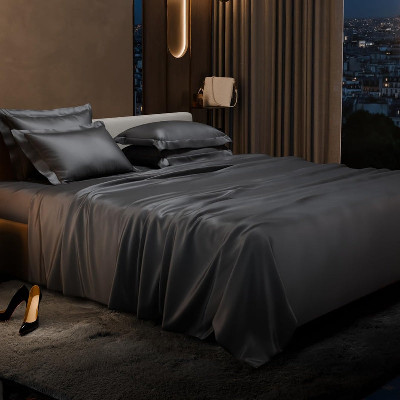 Purelle Satin Bedsheets with 4 Pillow Covers (Dark Grey) - 150 GSM