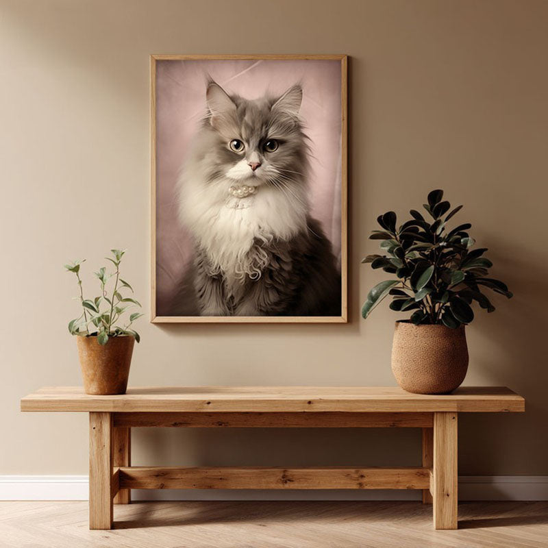 Cat Portrait Archival Canvas Wall Art - Natural Brown Frame