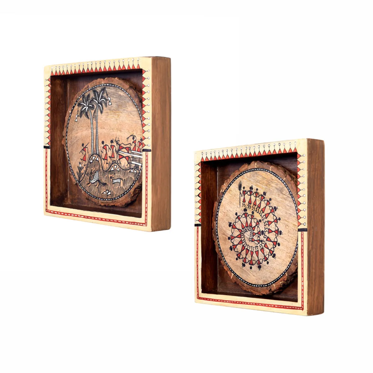 Angled view of two framed wooden wall art pieces