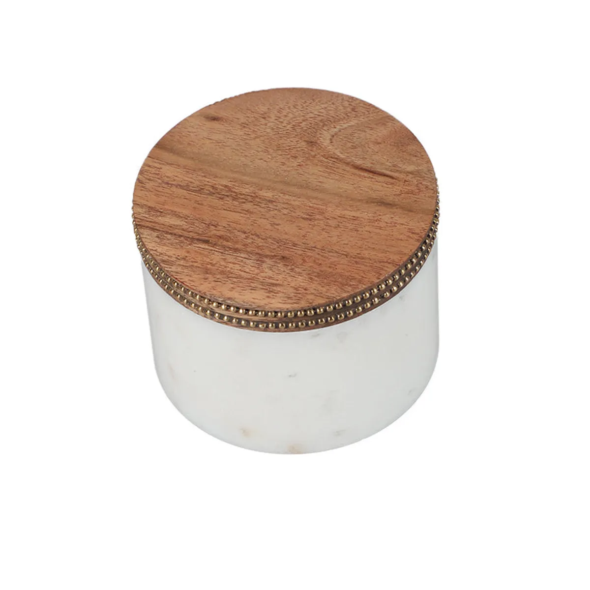White marble storage jar with flat wooden lid