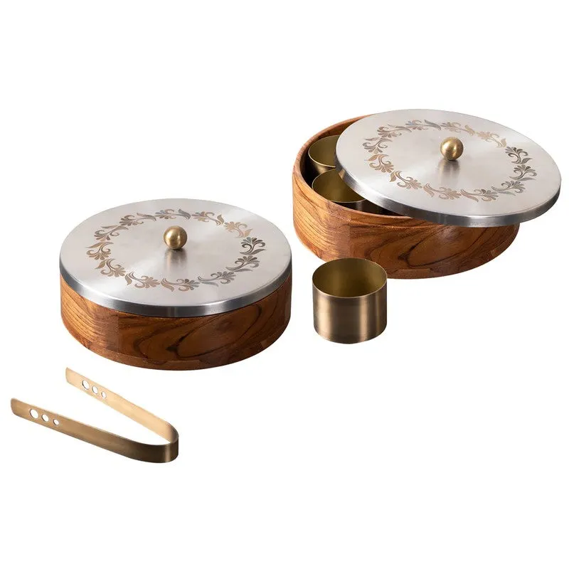 Rootra Teak Wood Round Masala Box - Three Piece Set media 3