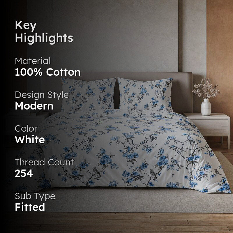 Cherry Blossom Floral Cotton Bedsheet (White) - 254 TC media 2