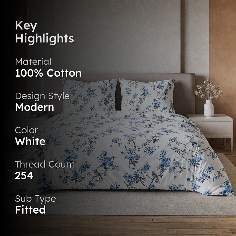 Cherry Blossom Floral Cotton Bedsheet (White) - 254 TC media 2