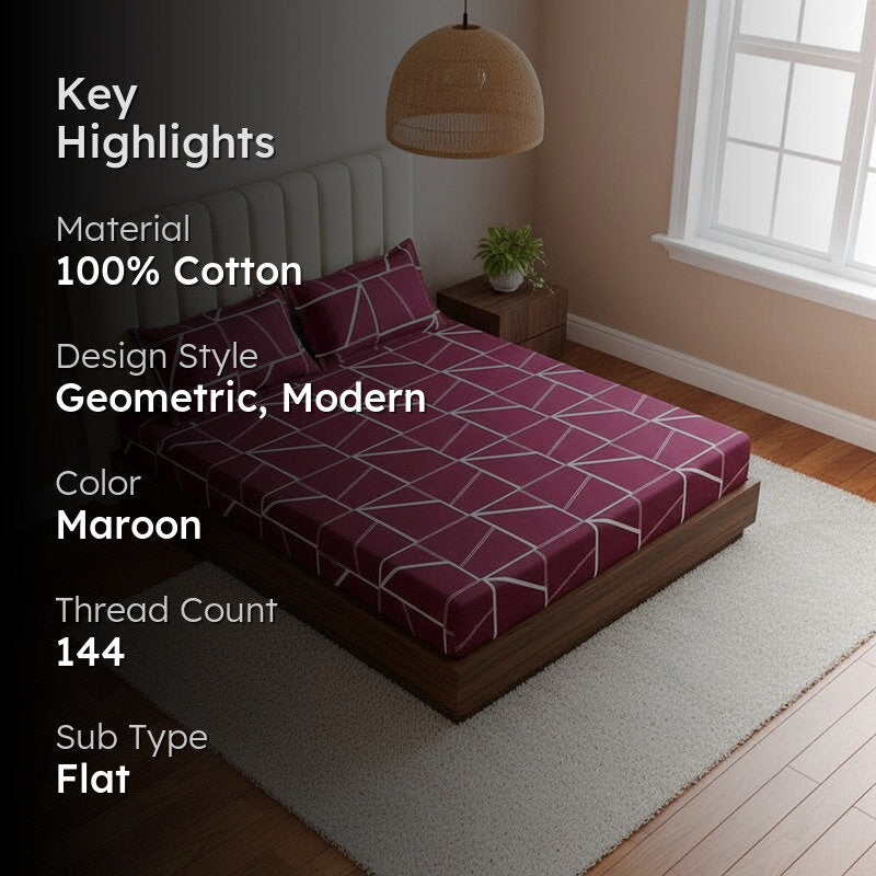 Manal Geomatric Neon Print Cotton Bedsheet s(Maroon) - 144 TC media 2