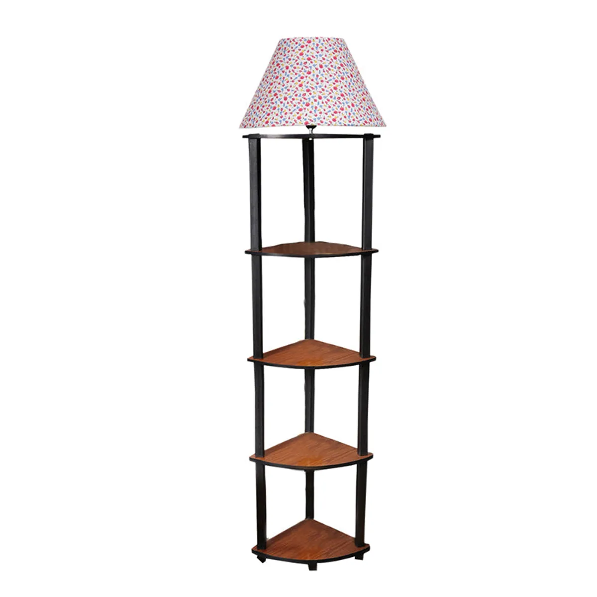 Freestanding floor lamp with four brown corner shelves and printed shade