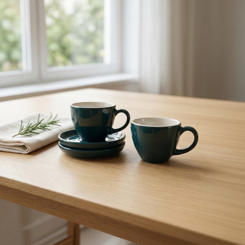 Ceramic Cup & Saucer (Deep Green/180 mL Each) - Set of Two
