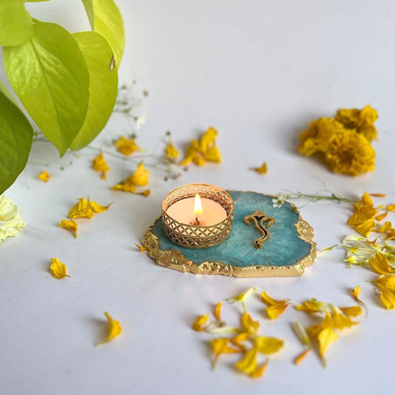 Ganesha Handcrafted Agate Tealight Candle Holder - Turquoise