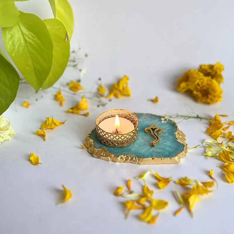 Ganesha Handcrafted Agate Tealight Candle Holder - Turquoise media 1