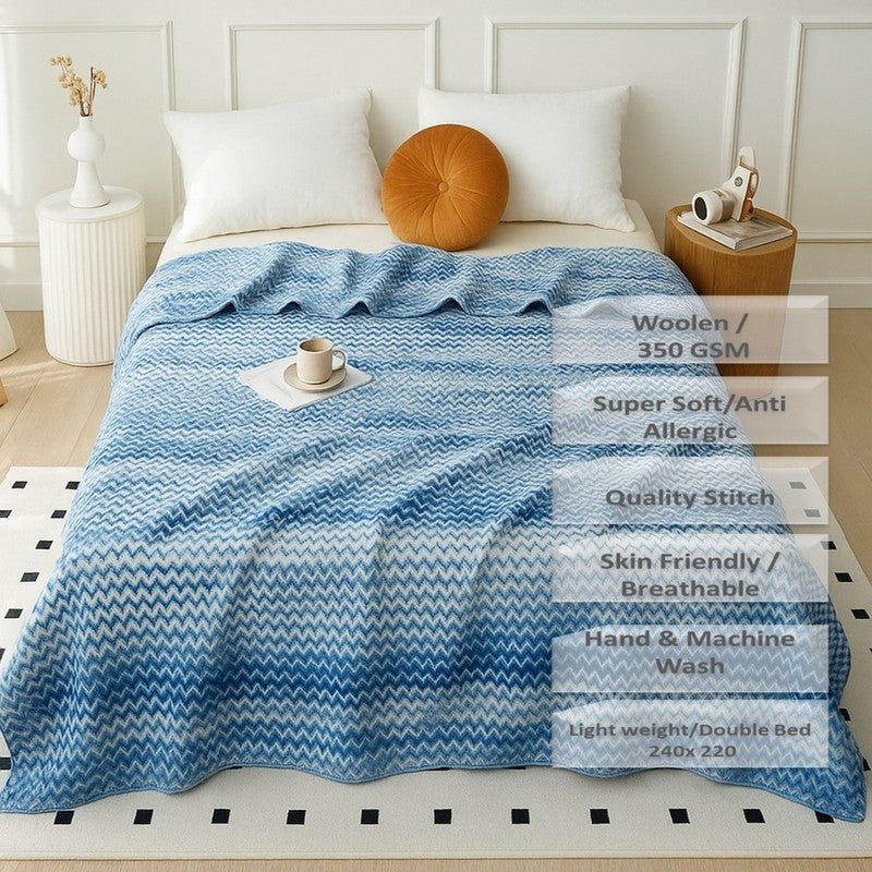 Waveora Striped Woolen Blanket (Blue) - 350 GSM media 7