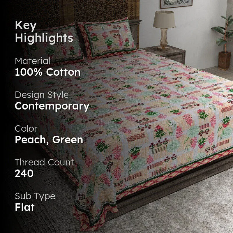 Formy Cotton Bedsheet (Peach,Green) - 240 TC media 2