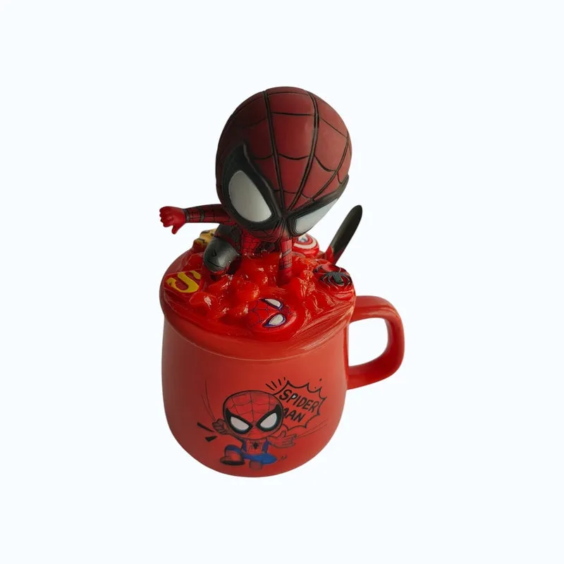 Front angled view of red Spider-themed mug with raised character lid