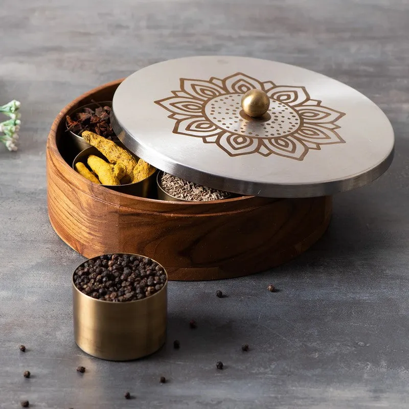 Grano Teak Wood Round Masala Box - Three Piece Set media 4