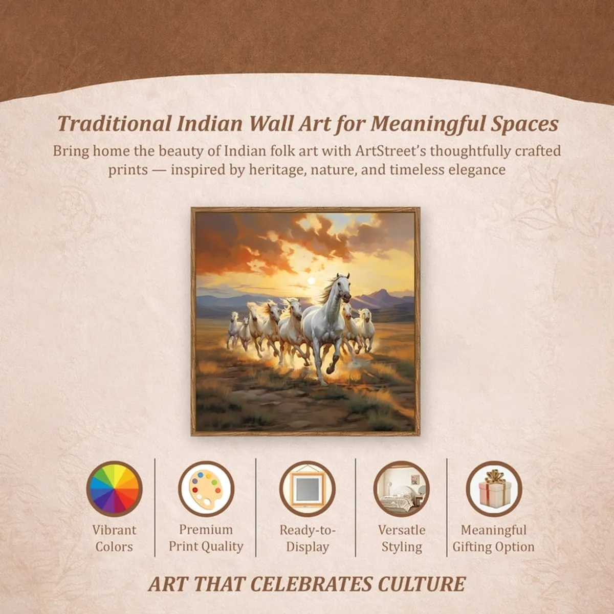 Promotional graphic showing the framed horse painting with decorative icons below