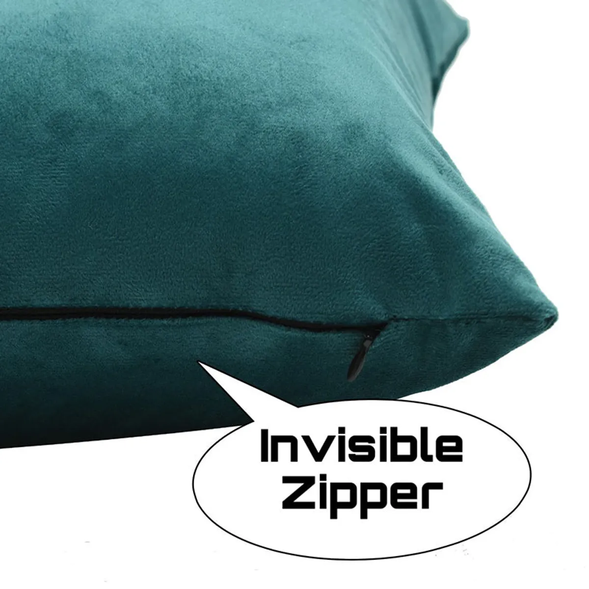 Close-up view of the teal cushion cover's velvet surface and zip edge.