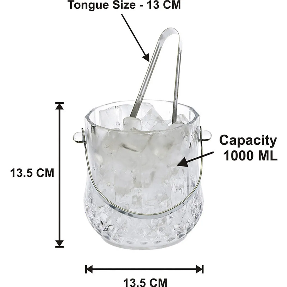 Transparent textured ice bucket with metal handle and tongs
