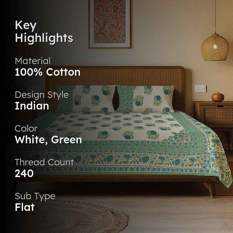 Urban Space Nayan Subtle Cotton Bedsheet (Teal) - 240 TC media 2