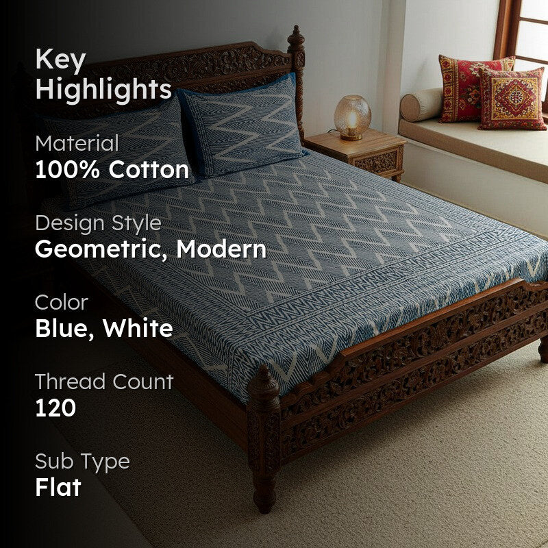 Jorie Geometric Printed Cotton Bedsheet (Blue) - 120 TC media 2
