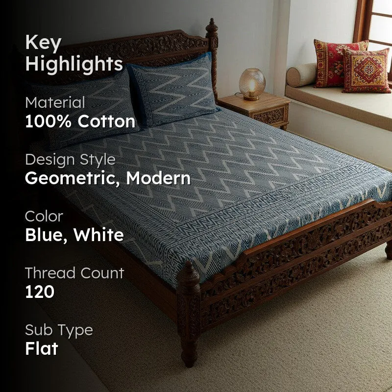 Jorie Geometric Printed Cotton Bedsheet (Blue) - 120 TC media 2